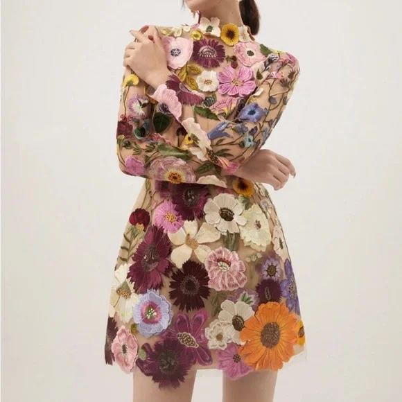 Embroidered Flowers Bell Skirt Mini Dress, Designed With Luxury in Mind… - Picture 1 of 17